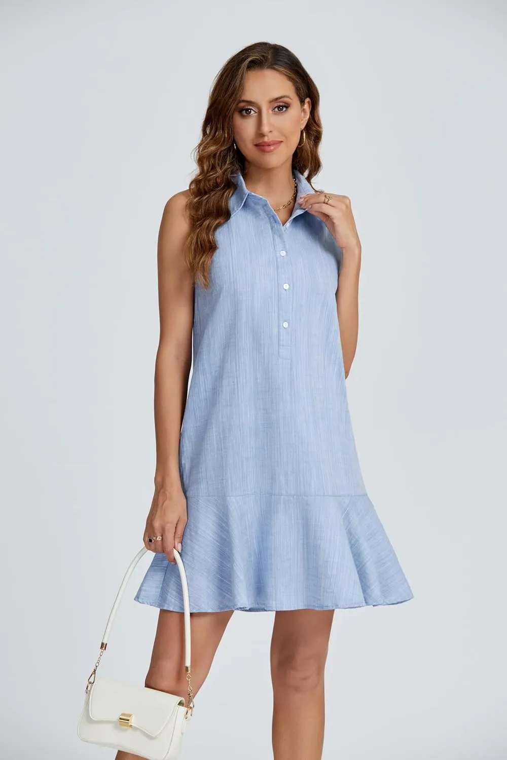 Kedera Women's Tunic Shirt Mini Dress Cotton Linen Shirt Dress Button Up Ruffle Hem Shift Dresses