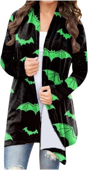 kinstell Women Halloween Long Sleeve Open Front Cardigan Pumpkin Animal Black Cat Ghost Lightweight Coat