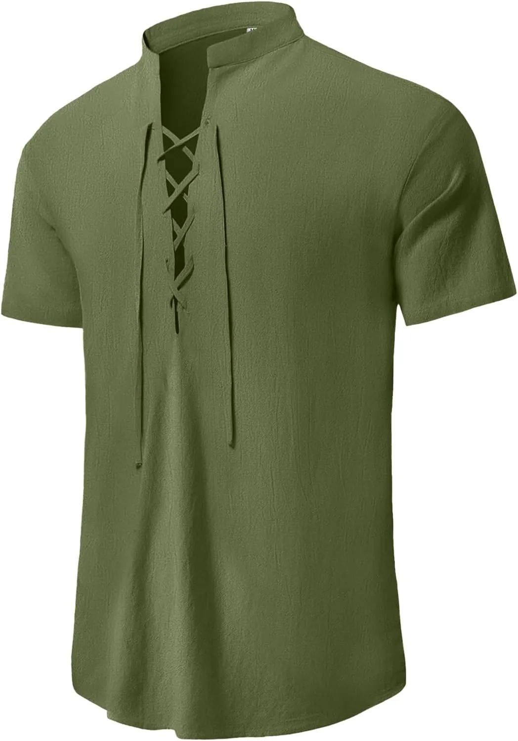 KUYIGO Men's Cotton Linen Shirt Pirate Vintage Short Sleeve Lace Up Renaissance Costume Beach Top