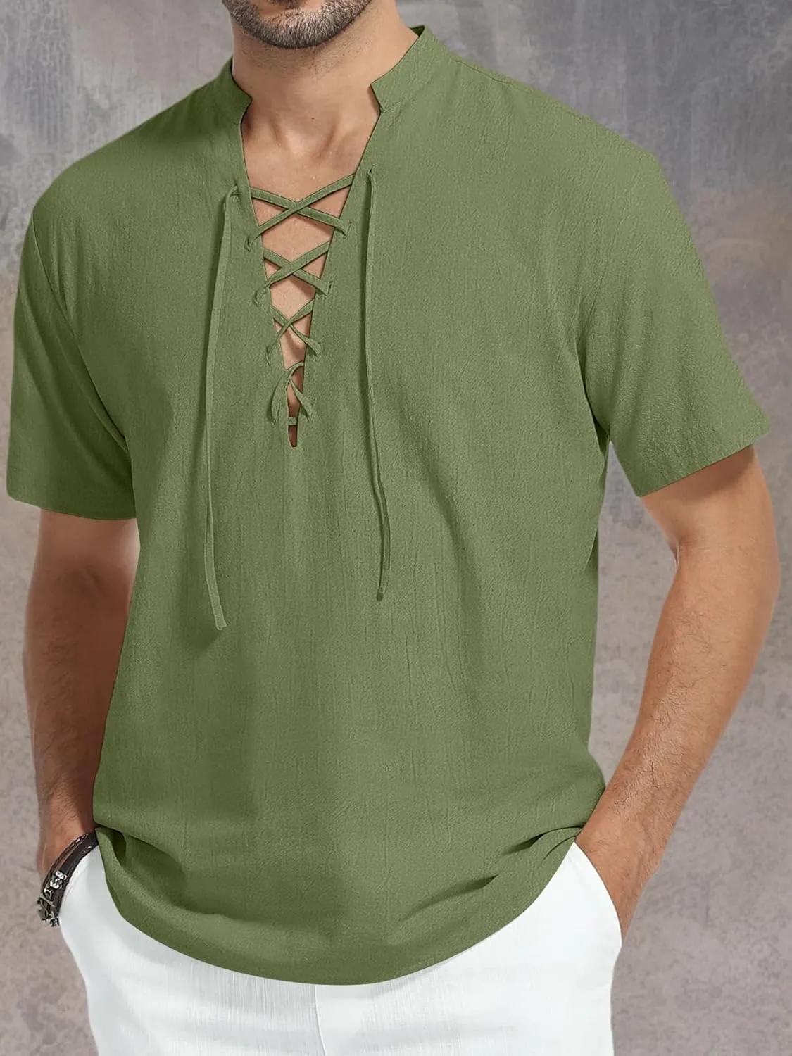 KUYIGO Men's Cotton Linen Shirt Pirate Vintage Short Sleeve Lace Up Renaissance Costume Beach Top
