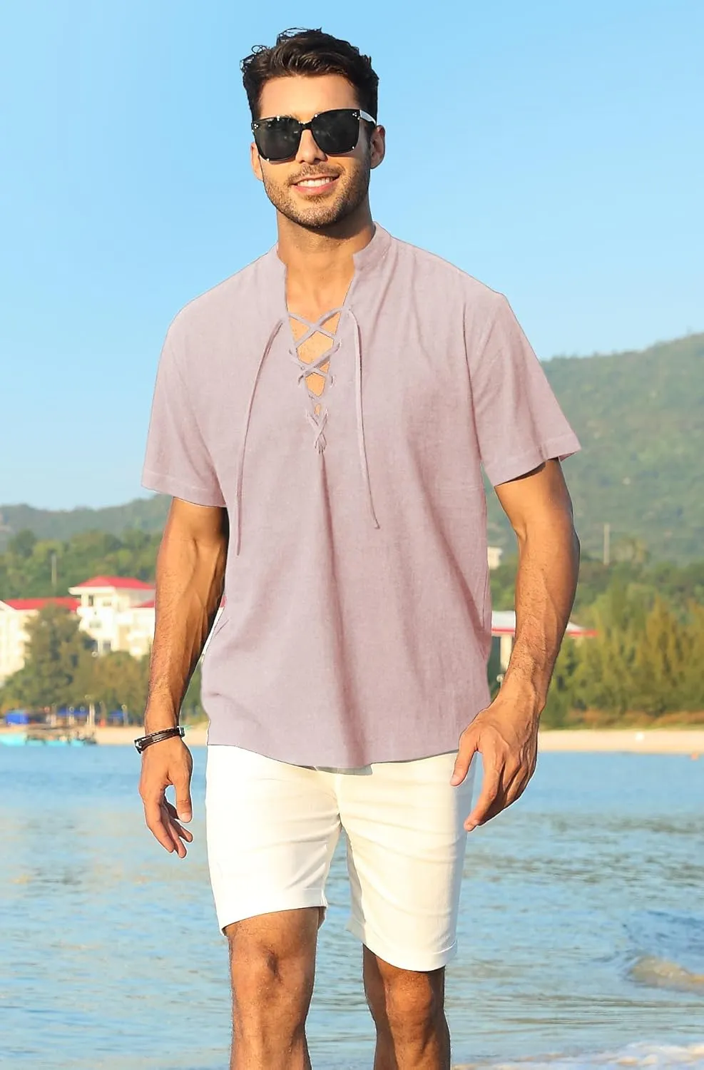 KUYIGO Men's Cotton Linen Shirt Pirate Vintage Short Sleeve Lace Up Renaissance Costume Beach Top
