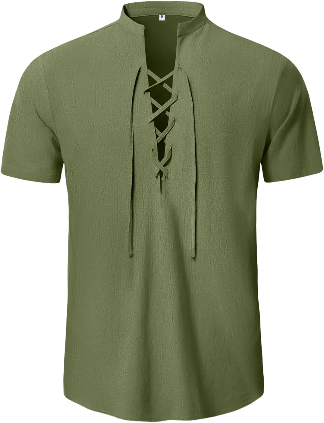 KUYIGO Men's Cotton Linen Shirt Pirate Vintage Short Sleeve Lace Up Renaissance Costume Beach Top