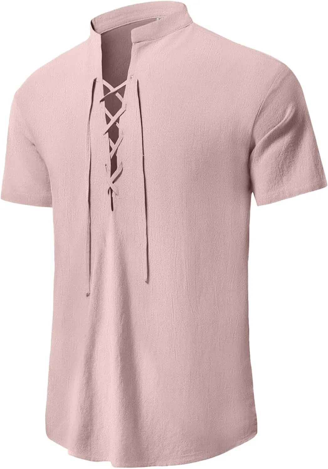 KUYIGO Men's Cotton Linen Shirt Pirate Vintage Short Sleeve Lace Up Renaissance Costume Beach Top