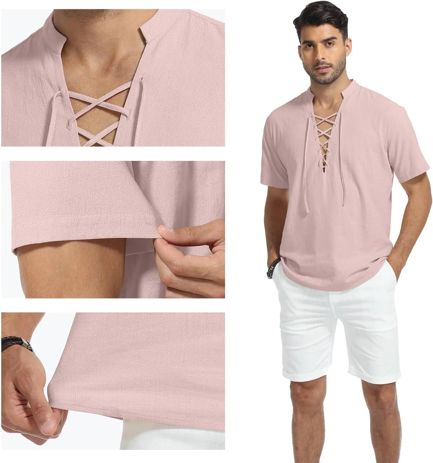 KUYIGO Men's Cotton Linen Shirt Pirate Vintage Short Sleeve Lace Up Renaissance Costume Beach Top