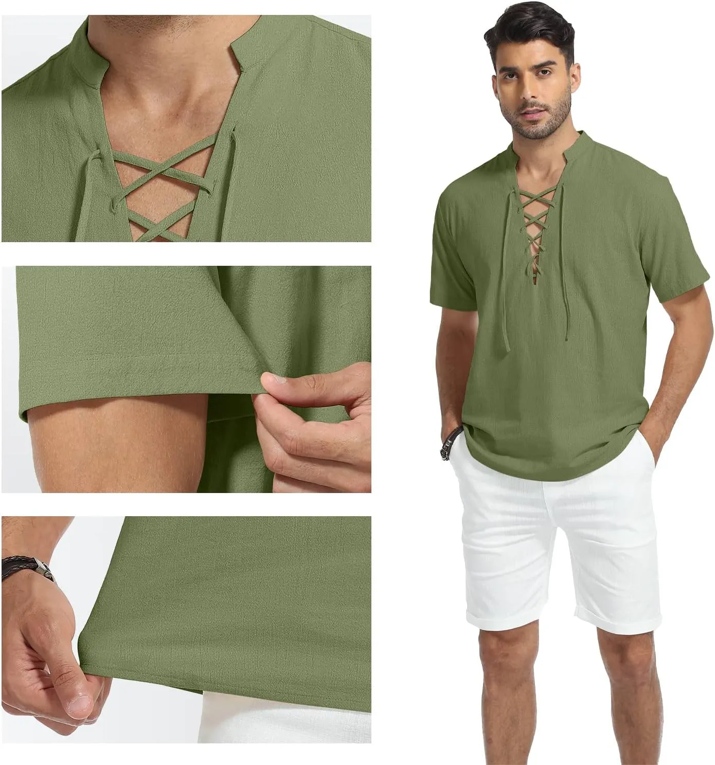 KUYIGO Men's Cotton Linen Shirt Pirate Vintage Short Sleeve Lace Up Renaissance Costume Beach Top