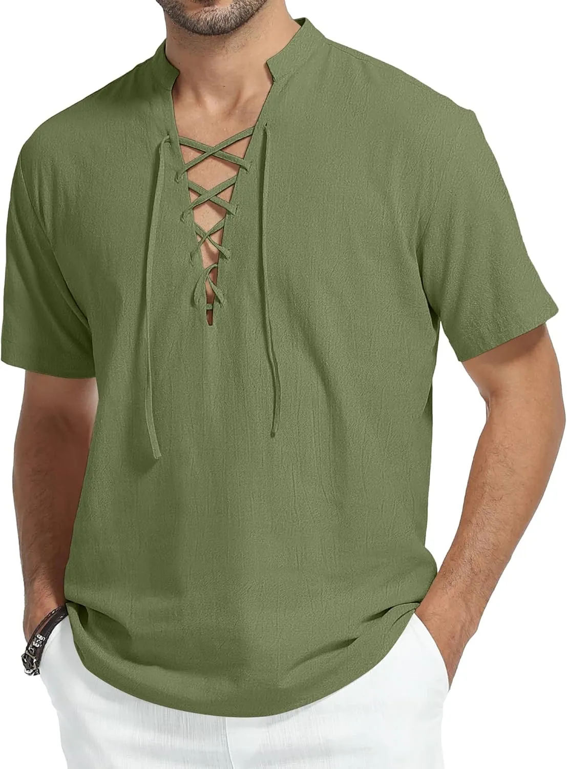 KUYIGO Men's Cotton Linen Shirt Pirate Vintage Short Sleeve Lace Up Renaissance Costume Beach Top