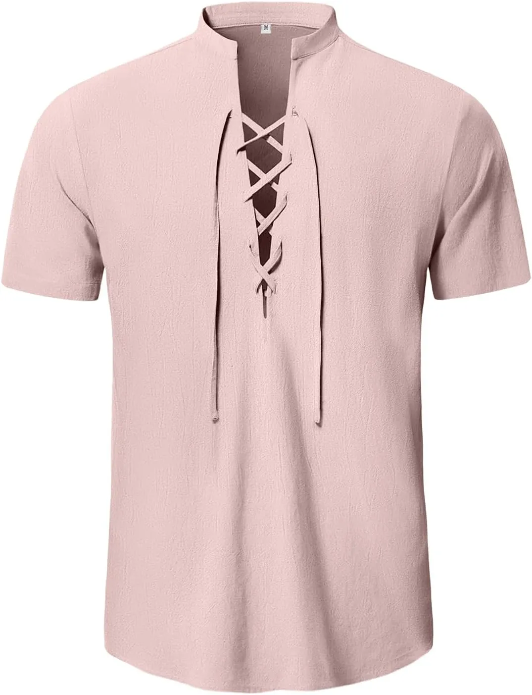 KUYIGO Men's Cotton Linen Shirt Pirate Vintage Short Sleeve Lace Up Renaissance Costume Beach Top