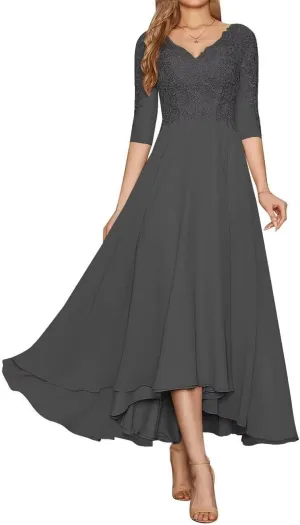 Lace Appliques Mother of The Bride Dresses for Women A Line Chiffon Formal Wedding Party Evening Gowns with Sleeves