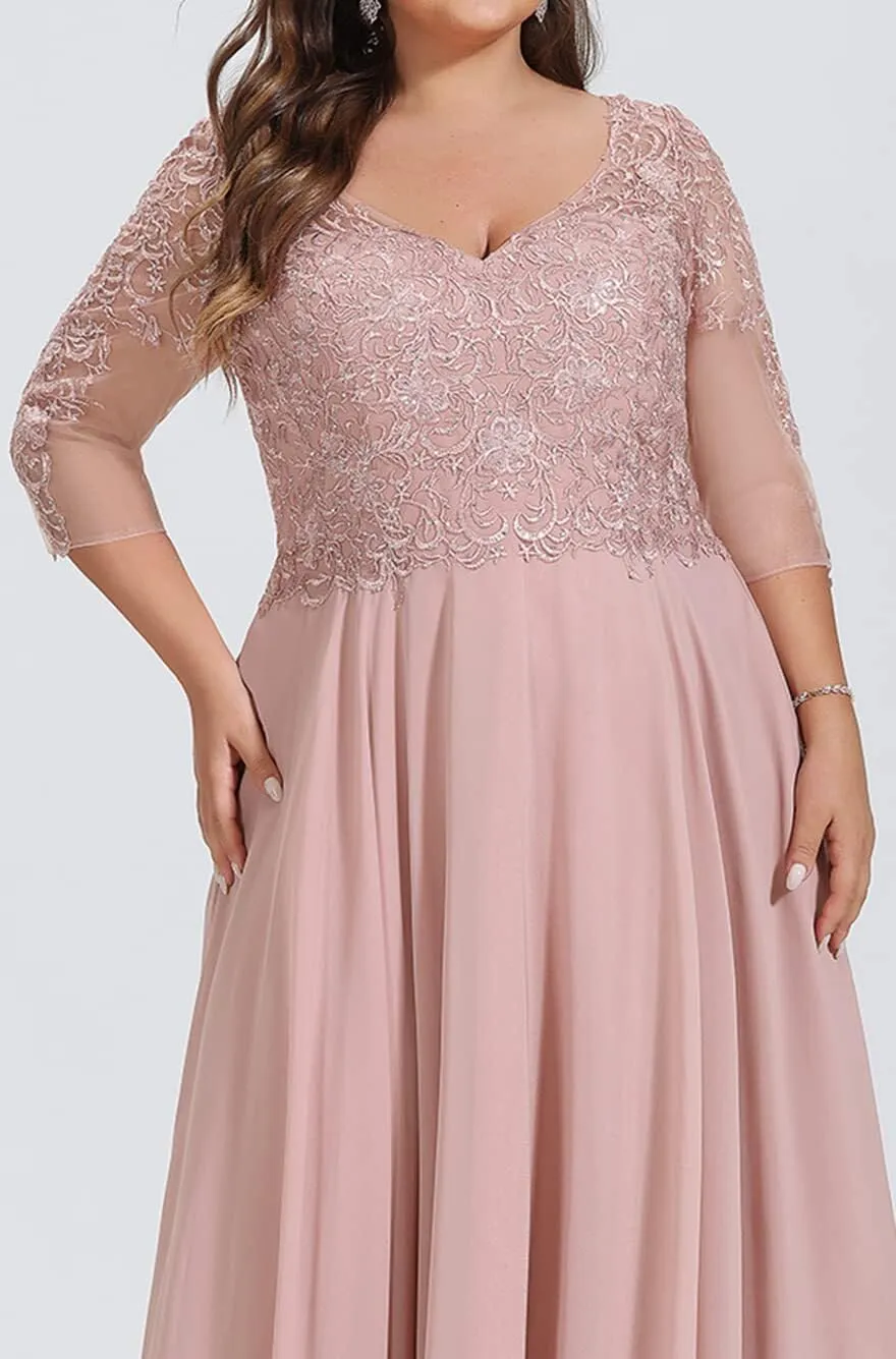 Lace Appliques Mother of The Bride Dresses for Women A Line Chiffon Formal Wedding Party Evening Gowns with Sleeves