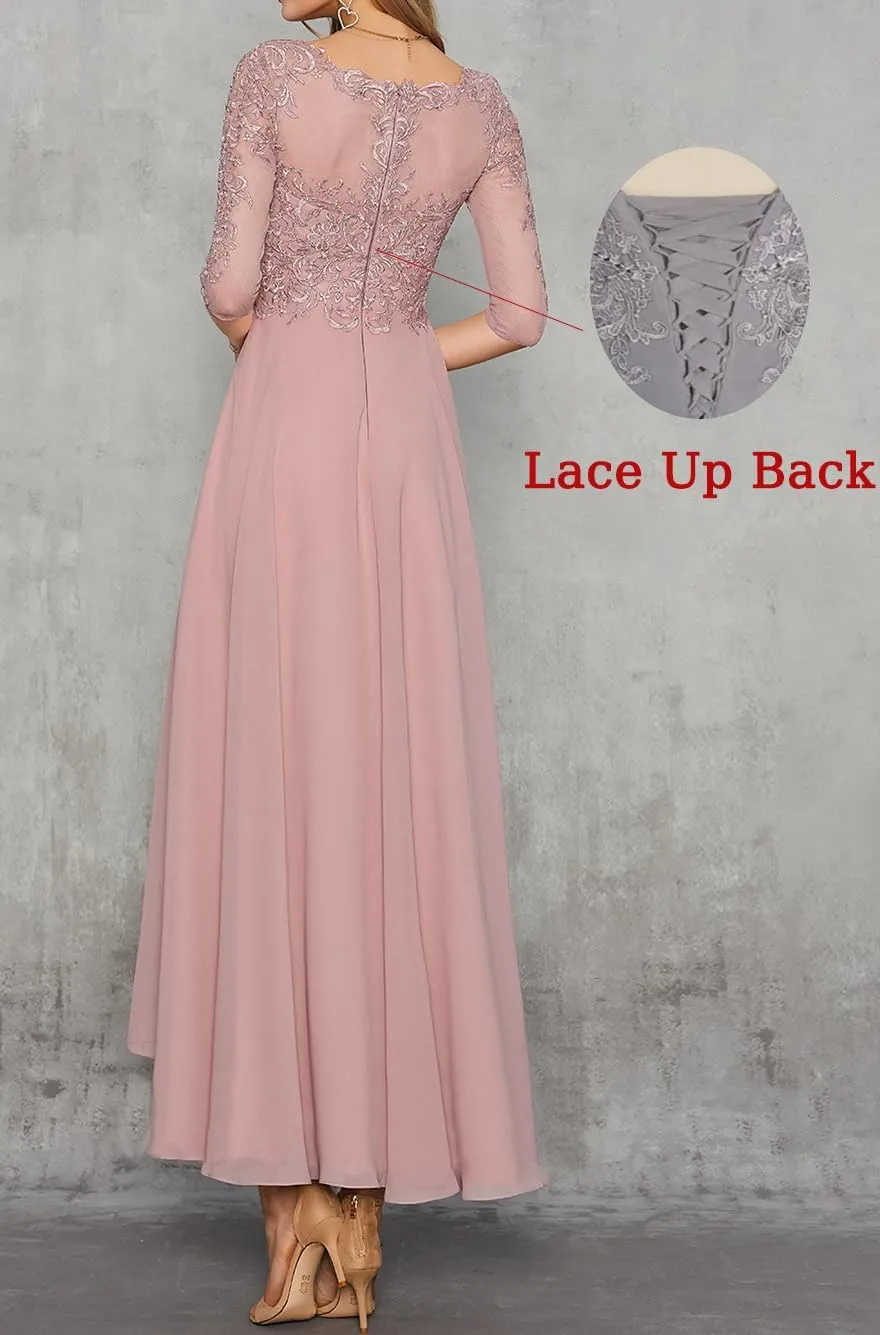 Lace Appliques Mother of The Bride Dresses for Women A Line Chiffon Formal Wedding Party Evening Gowns with Sleeves