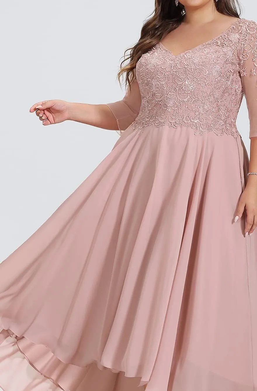 Lace Appliques Mother of The Bride Dresses for Women A Line Chiffon Formal Wedding Party Evening Gowns with Sleeves