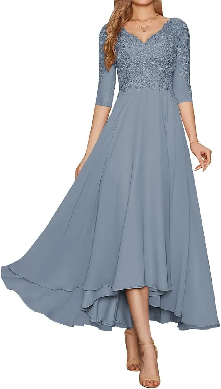 Lace Appliques Mother of The Bride Dresses for Women A Line Chiffon Formal Wedding Party Evening Gowns with Sleeves