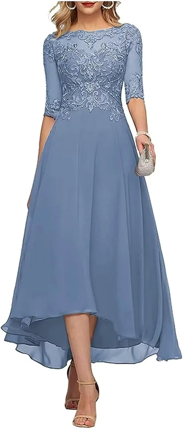 Lace Appliques Mother's Dress for Weddings 3/4 Sleeve A Line Wedding Guest Dresses Tea Length