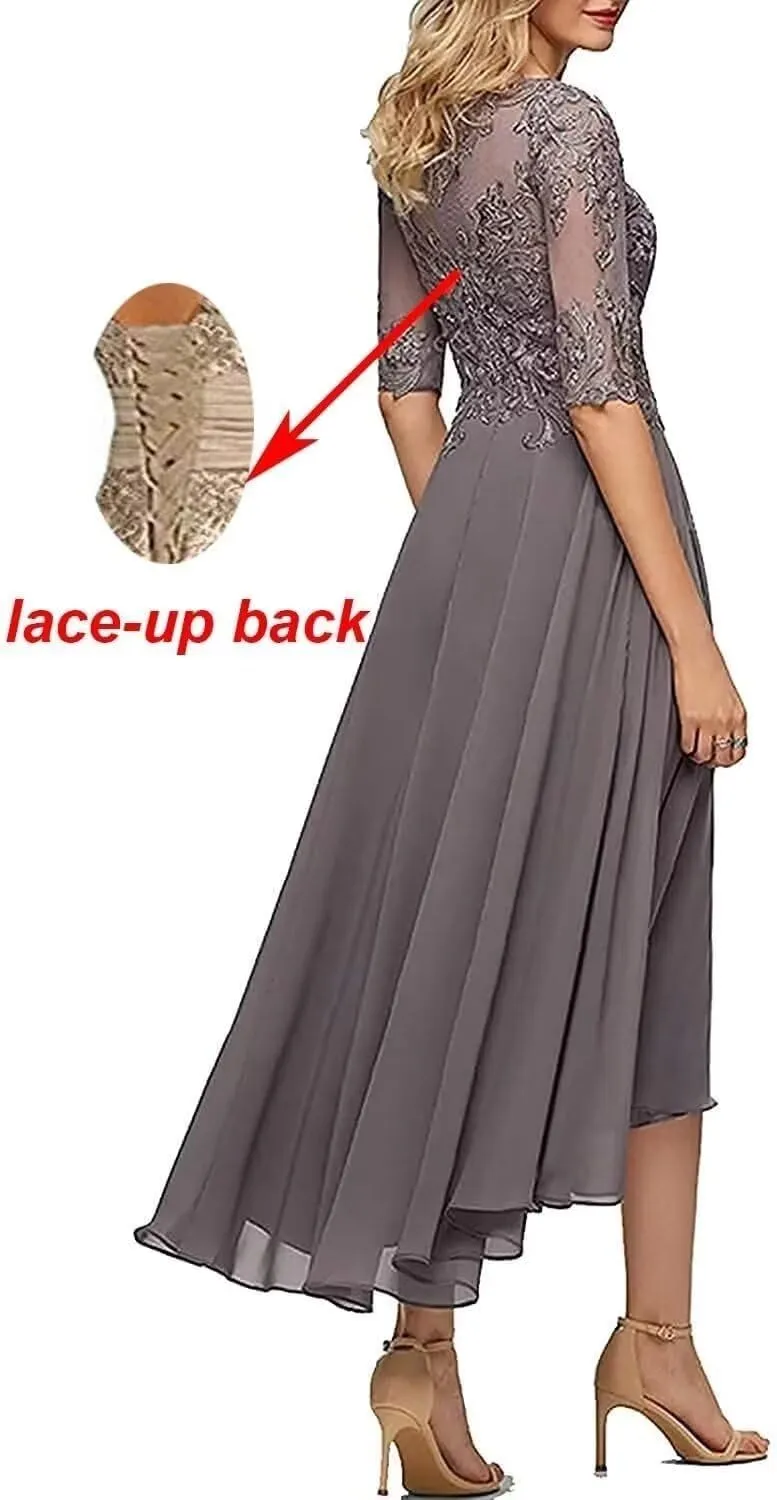 Lace Appliques Mother's Dress for Weddings 3/4 Sleeve A Line Wedding Guest Dresses Tea Length