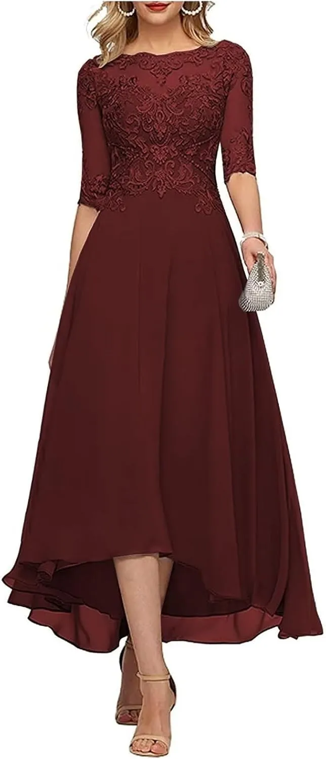 Lace Appliques Mother's Dress for Weddings 3/4 Sleeve A Line Wedding Guest Dresses Tea Length