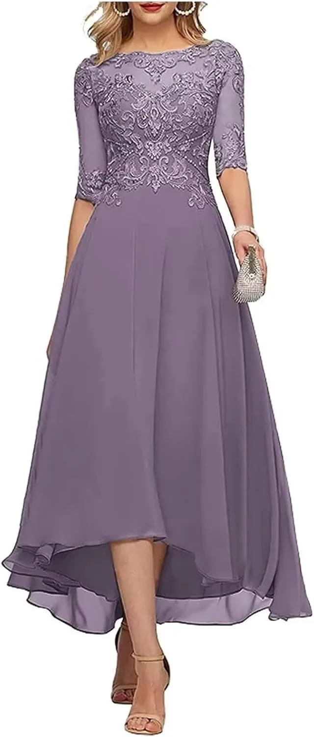 Lace Appliques Mother's Dress for Weddings 3/4 Sleeve A Line Wedding Guest Dresses Tea Length