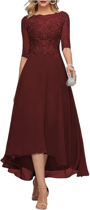 Lace Appliques Mother's Dress for Weddings 3/4 Sleeve A Line Wedding Guest Dresses Tea Length