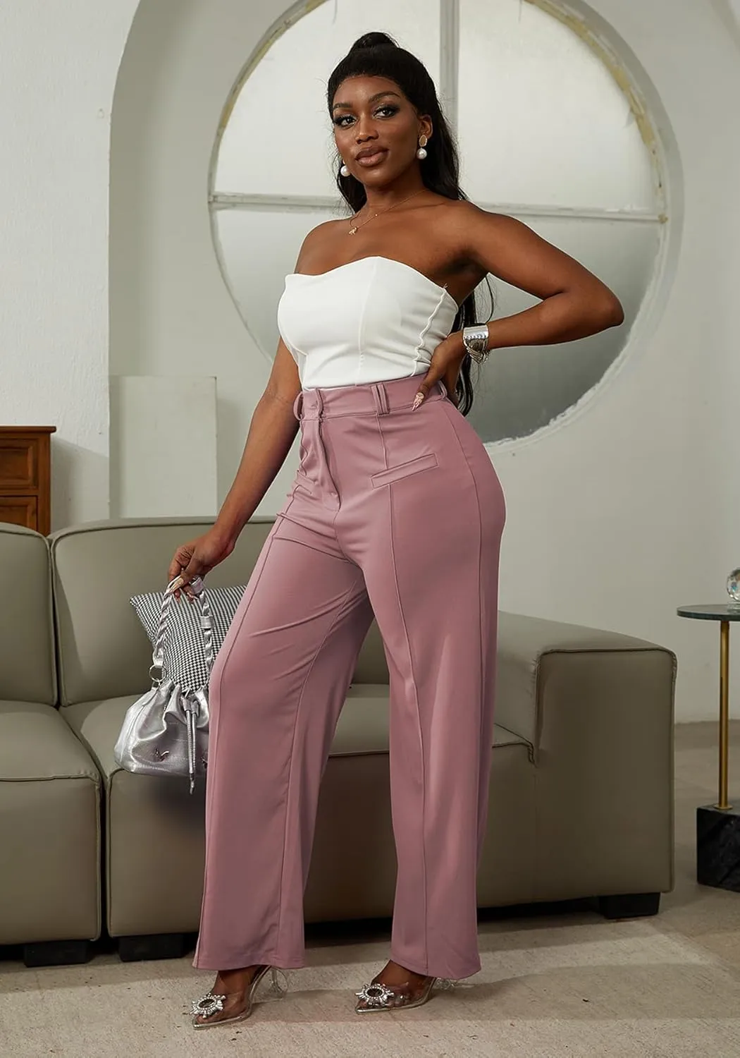 LAJIOJIO Wide Leg Dress Pants for Women Dressy Business Casual High Waisted Straight Leg Work Office Trousers Slacks