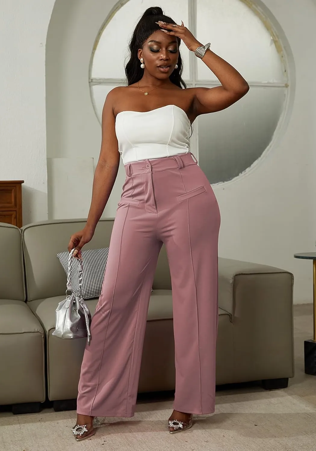 LAJIOJIO Wide Leg Dress Pants for Women Dressy Business Casual High Waisted Straight Leg Work Office Trousers Slacks