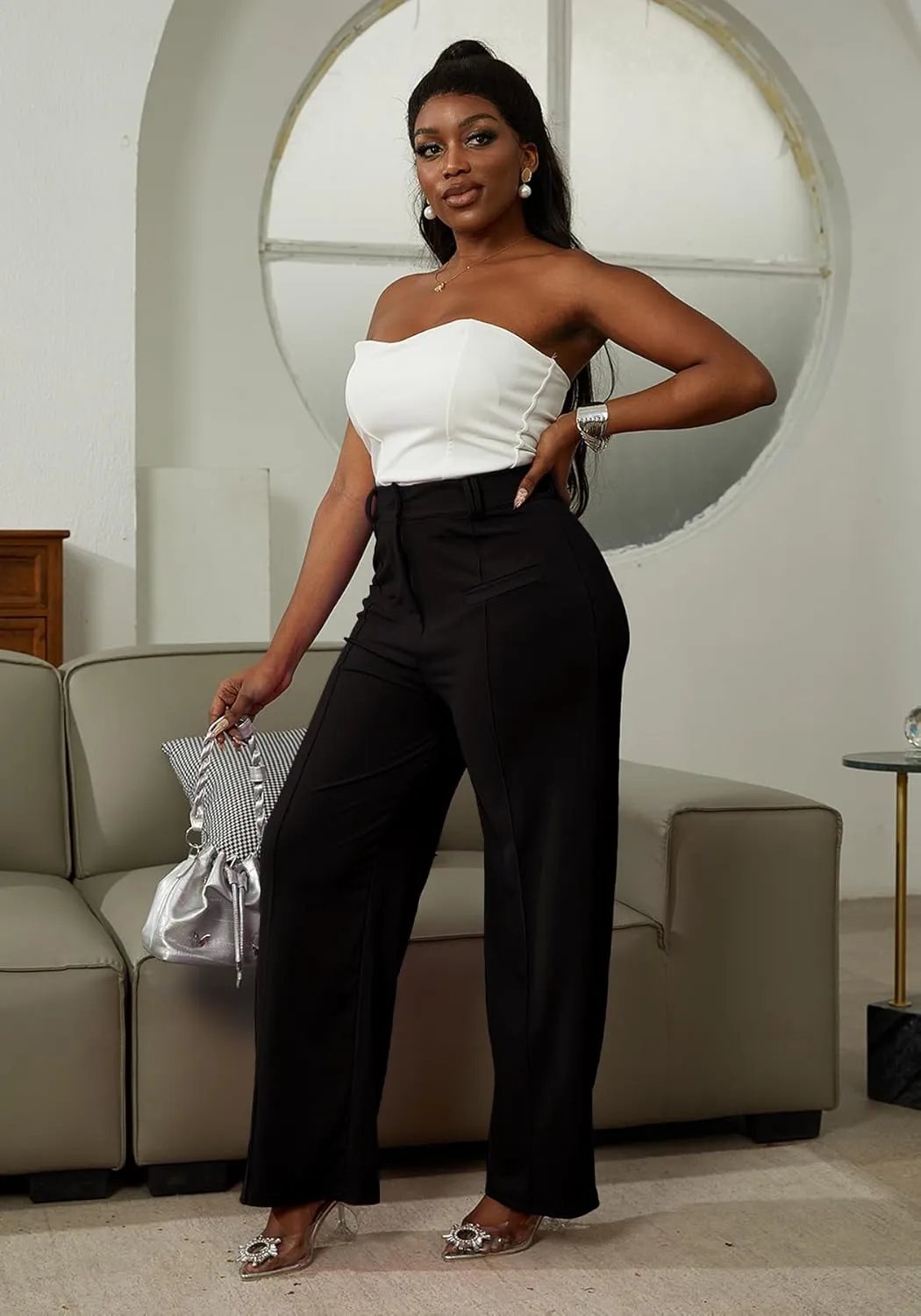 LAJIOJIO Wide Leg Dress Pants for Women Dressy Business Casual High Waisted Straight Leg Work Office Trousers Slacks