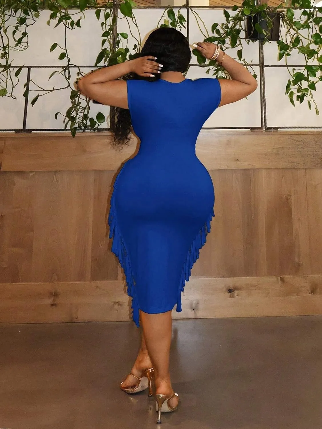 LALAGEN Women's 2025 Summer Dresses Plus Size Bodycon Half Sleeve Deep V-Neck Solid Color Midi Dress