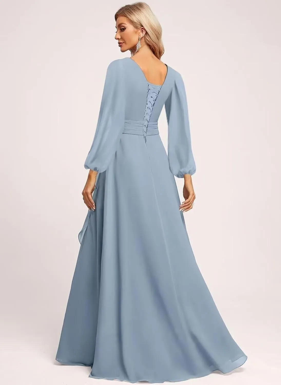 Lantemn Sleeve Chifon Bridesmaid Dress with Rufes Split Prom Dress A-ine Fommal Pary Gowns with Pockets KY021