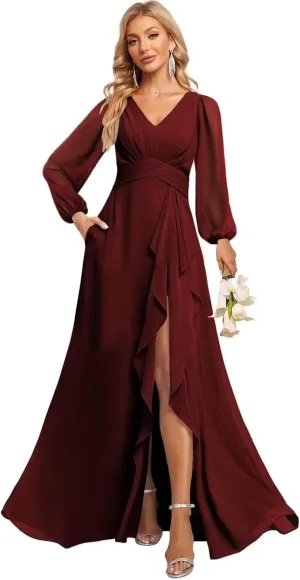 Lantemn Sleeve Chifon Bridesmaid Dress with Rufes Split Prom Dress A-ine Fommal Pary Gowns with Pockets KY021
