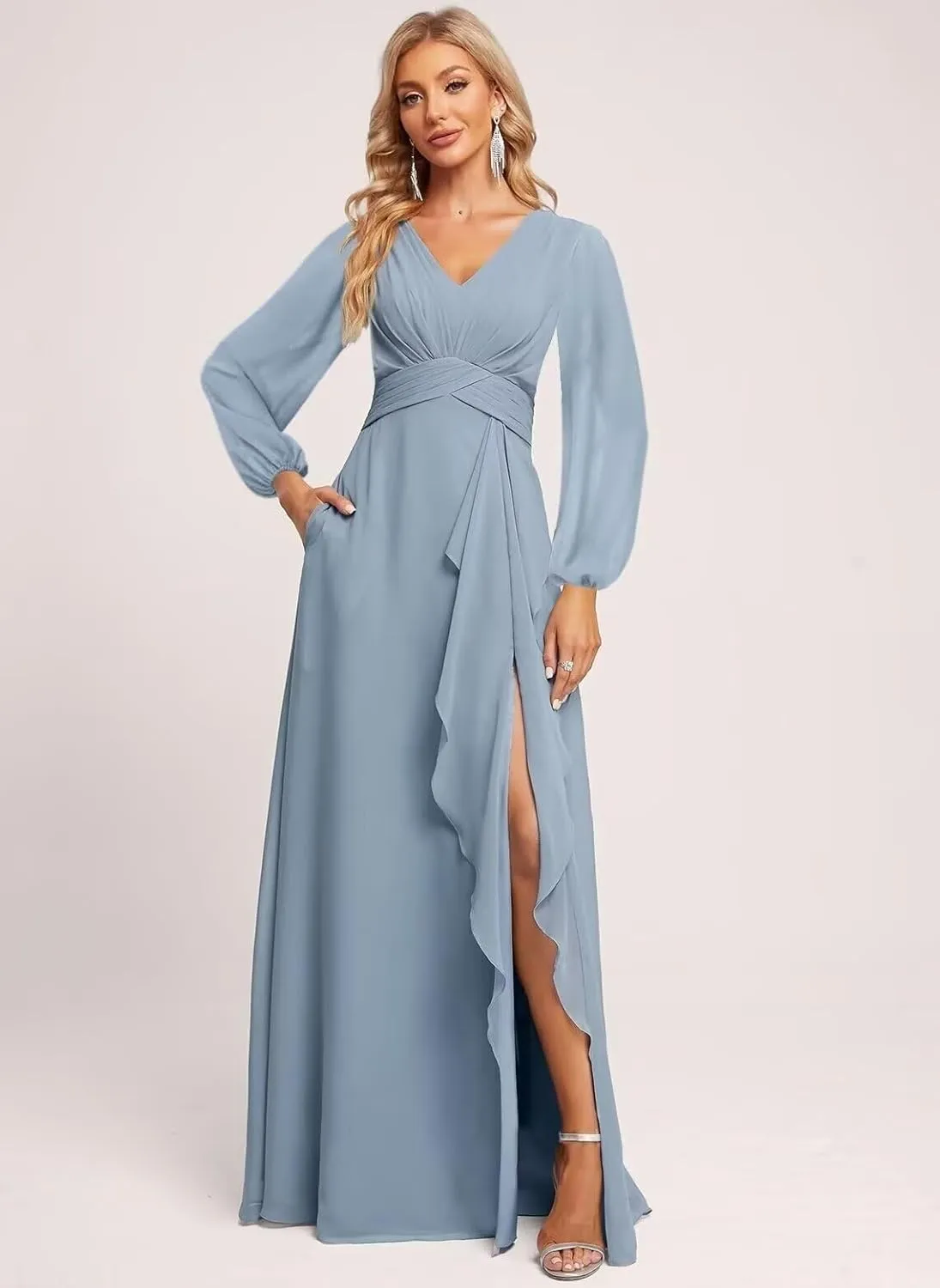Lantemn Sleeve Chifon Bridesmaid Dress with Rufes Split Prom Dress A-ine Fommal Pary Gowns with Pockets KY021