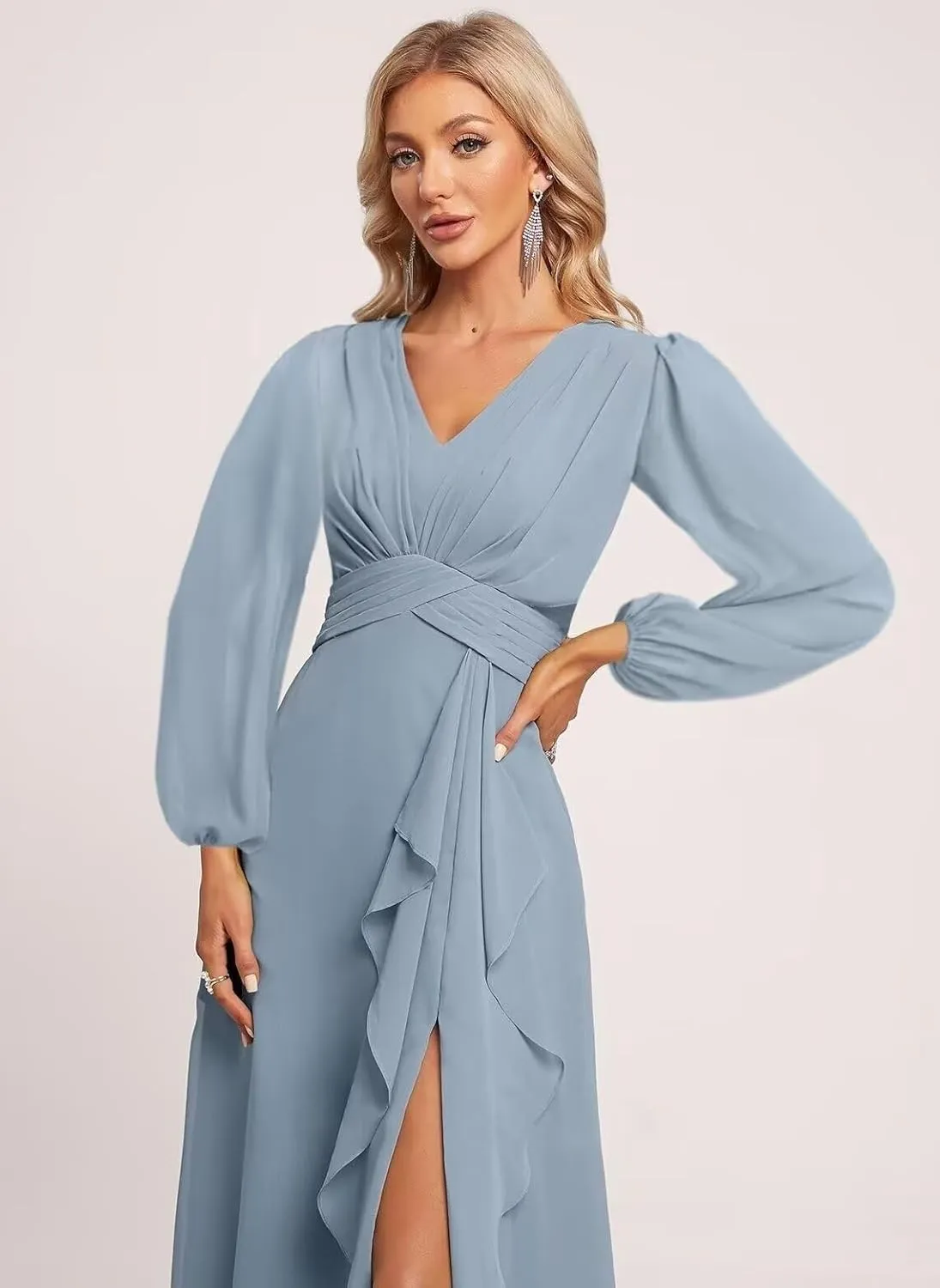 Lantemn Sleeve Chifon Bridesmaid Dress with Rufes Split Prom Dress A-ine Fommal Pary Gowns with Pockets KY021