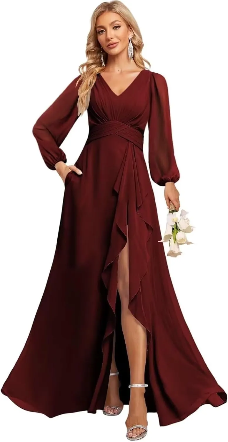 Lantemn Sleeve Chifon Bridesmaid Dress with Rufes Split Prom Dress A-ine Fommal Pary Gowns with Pockets KY021