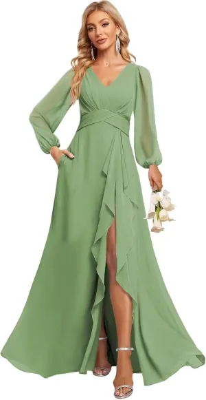 Lantemn Sleeve Chifon Bridesmaid Dress with Rufes Split Prom Dress A-ine Fommal Pary Gowns with Pockets KY021