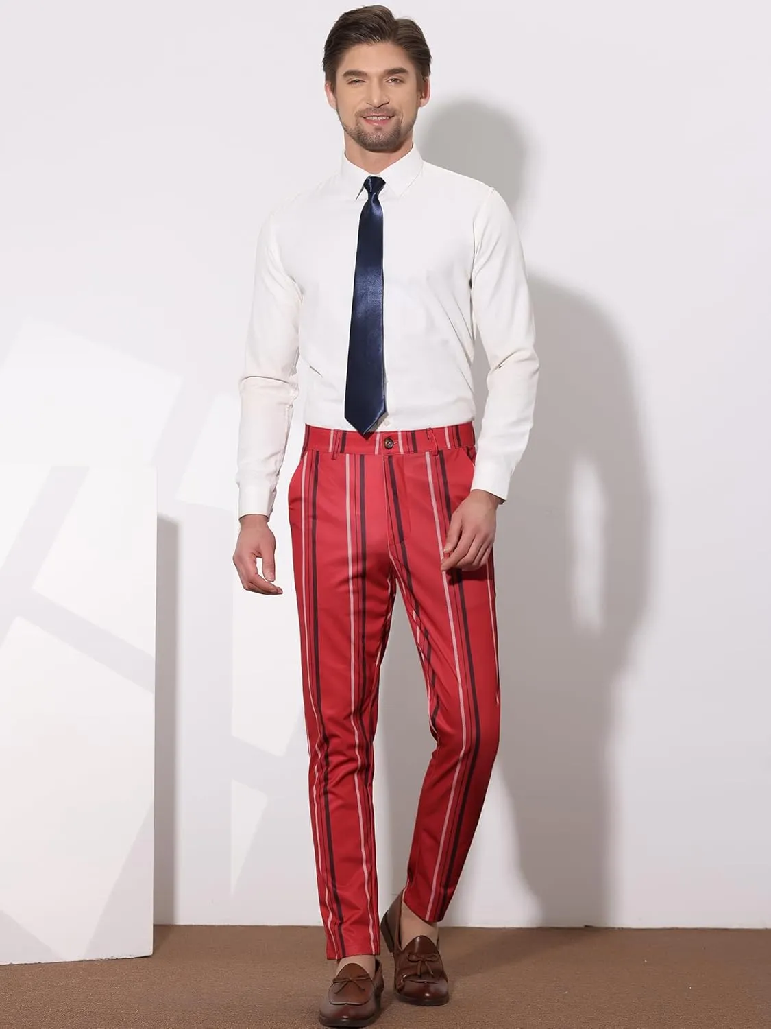 Lars Amadeus Men's Casual Striped Dress Pants Slim Fit Flat Front Contrast Color Skinny Trousers