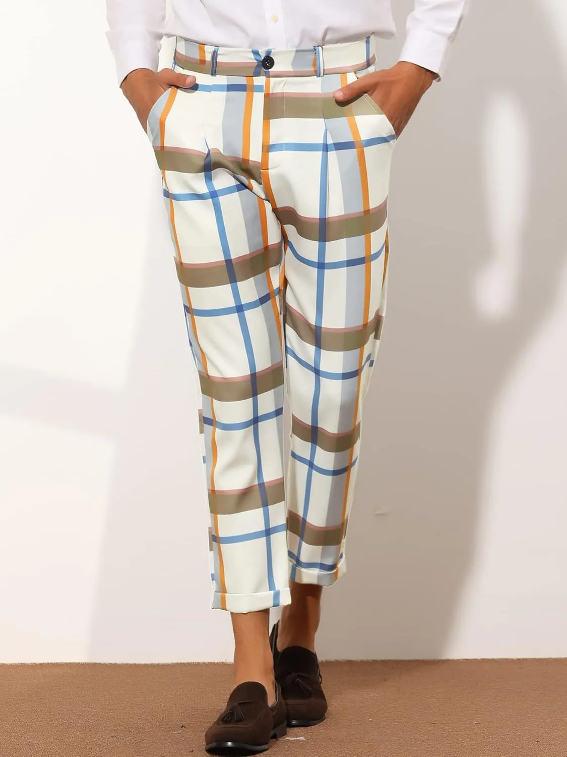 Lars Amadeus Plaid Cropped Pants for Men's Slim Fit Business Dress Pants Checked Slacks