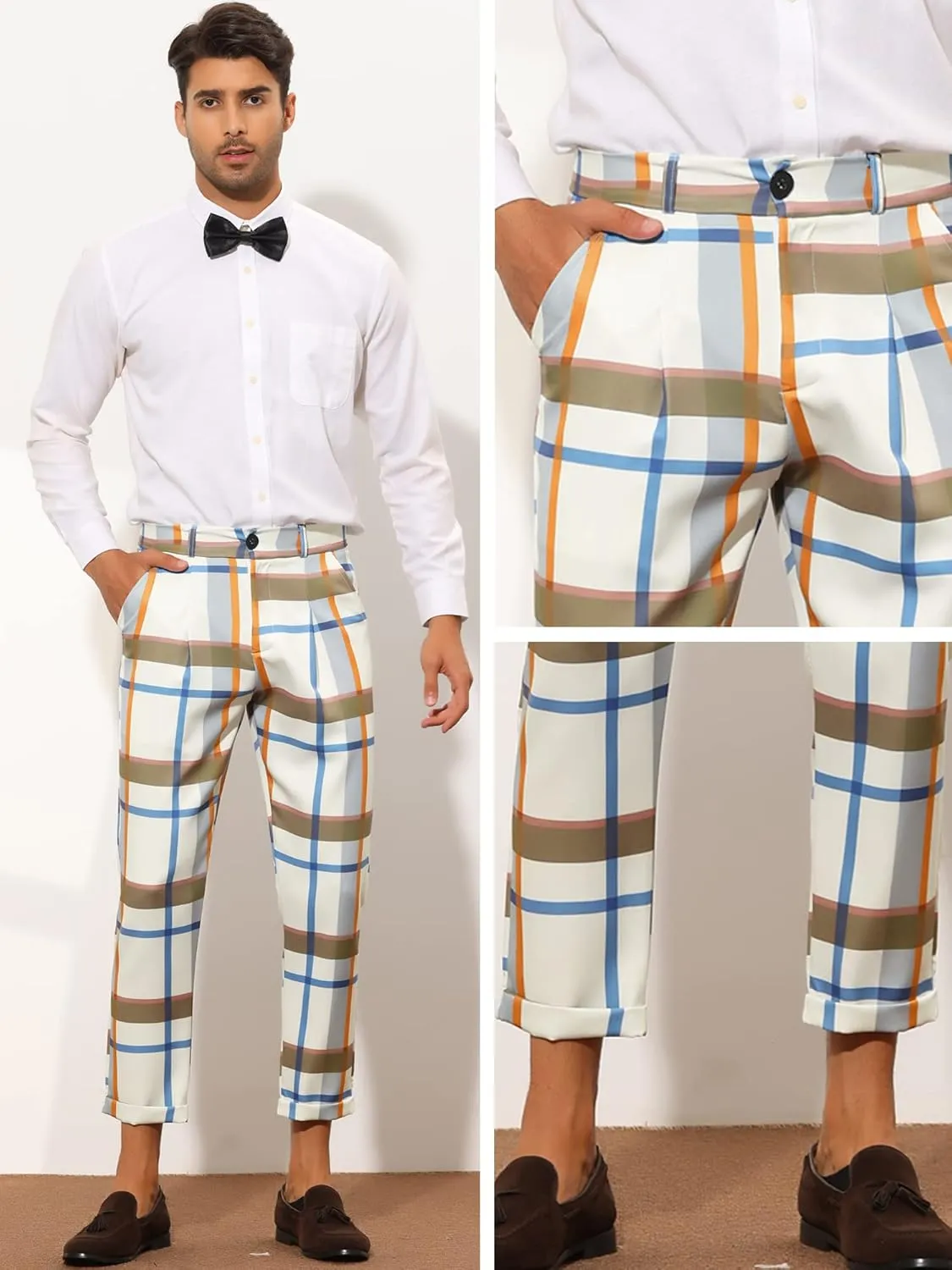 Lars Amadeus Plaid Cropped Pants for Men's Slim Fit Business Dress Pants Checked Slacks