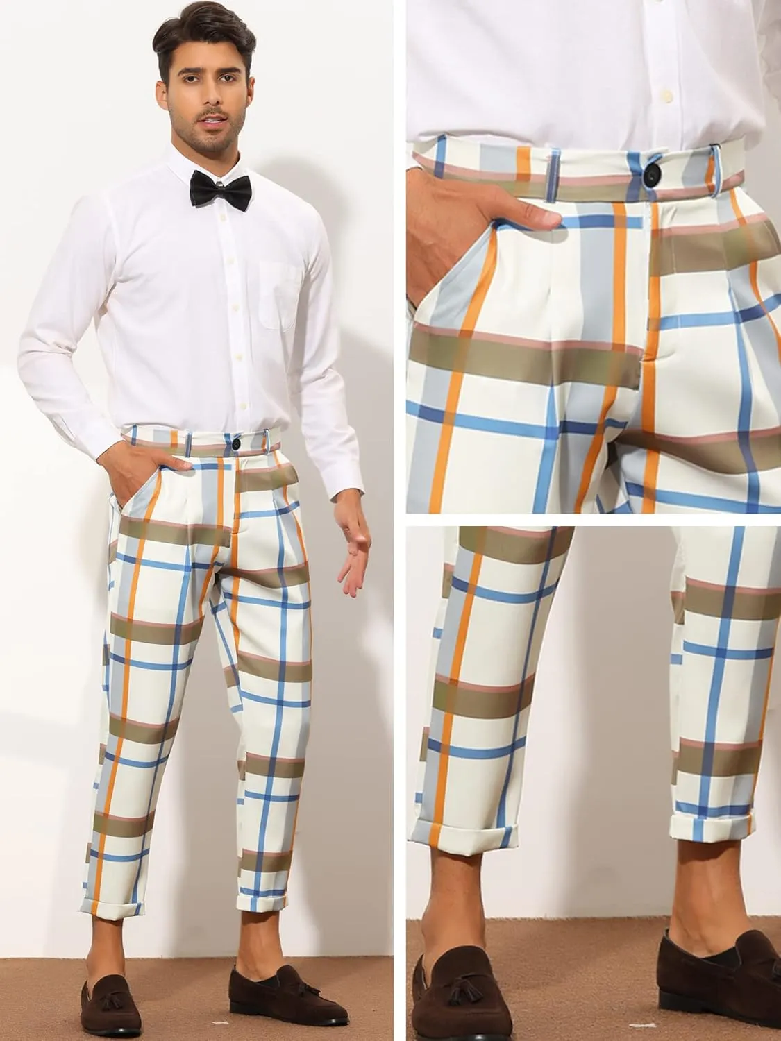 Lars Amadeus Plaid Cropped Pants for Men's Slim Fit Business Dress Pants Checked Slacks