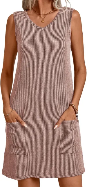 levaca Sundresses for Women 2024 Sleeveless V Neck Ribbed Tank Casual Summer Dress with Pockets