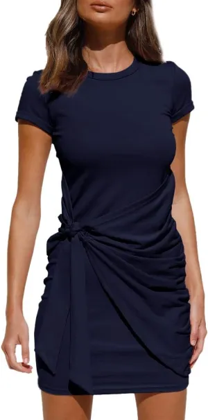 LILLUSORY Womens Casual Short Sleeve T Shirt Dress 2025 Summer Bodycon Wrap Ruched Mini Night Out Sundress
