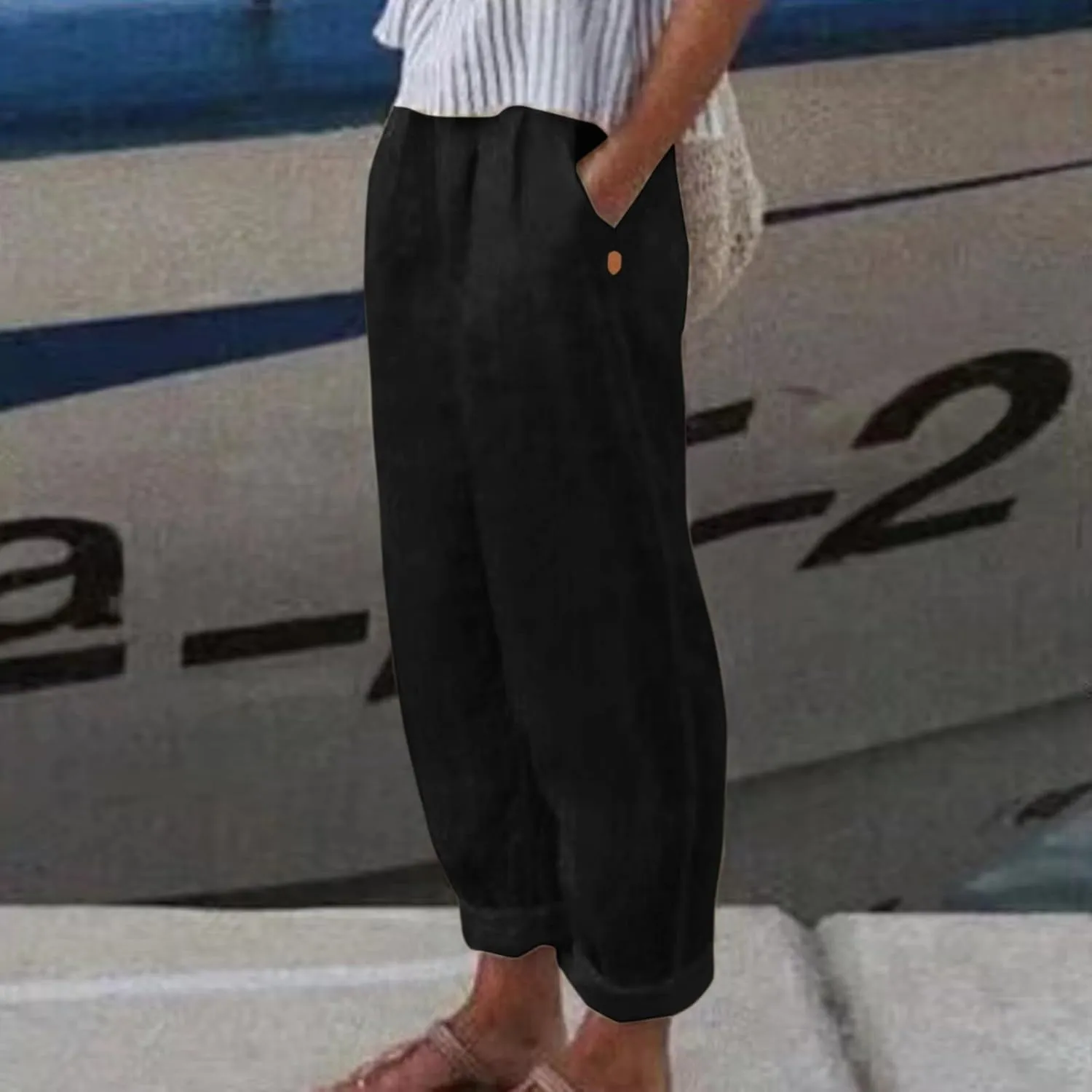 Linen Capri Pants for Women 2025 Elastic Waist Side Back Four Pockets 9/10 Pants Straight Leg Lounge Trousers with