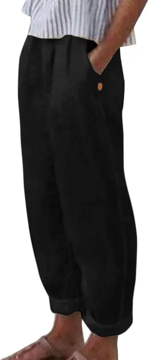 Linen Capri Pants for Women 2025 Elastic Waist Side Back Four Pockets 9/10 Pants Straight Leg Lounge Trousers with