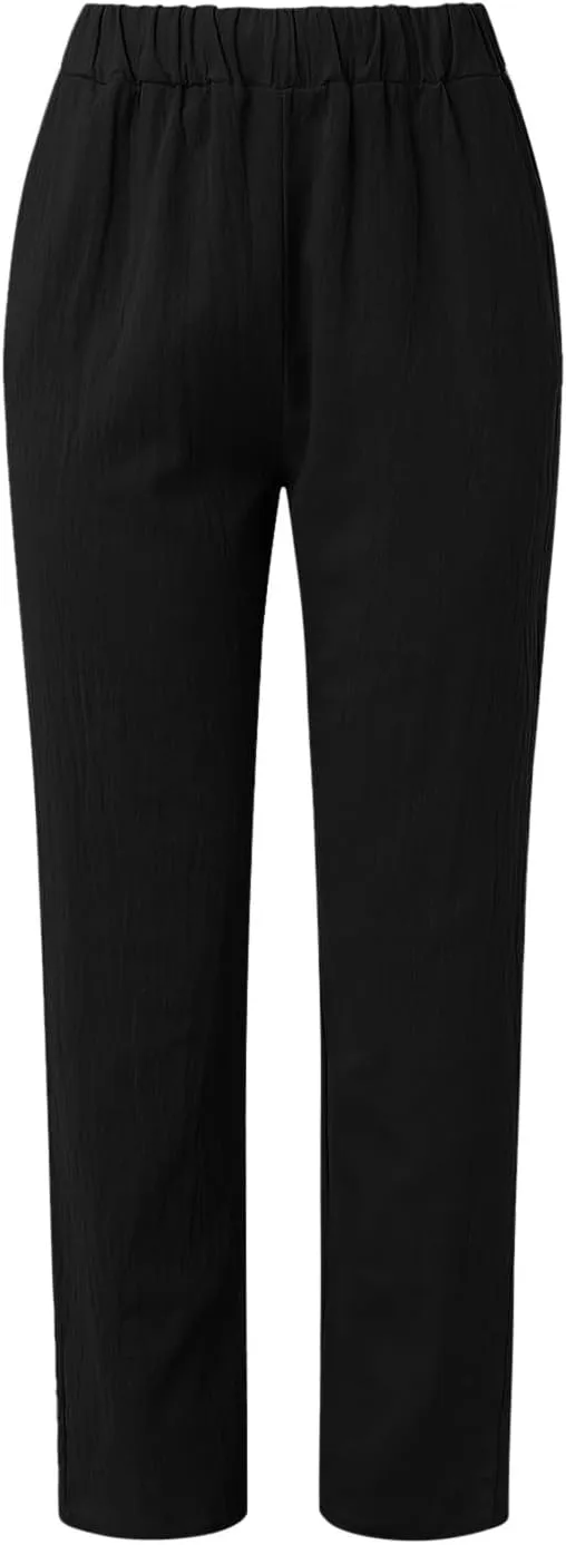 Linen Capri Pants for Women 2025 Elastic Waist Side Back Four Pockets 9/10 Pants Straight Leg Lounge Trousers with