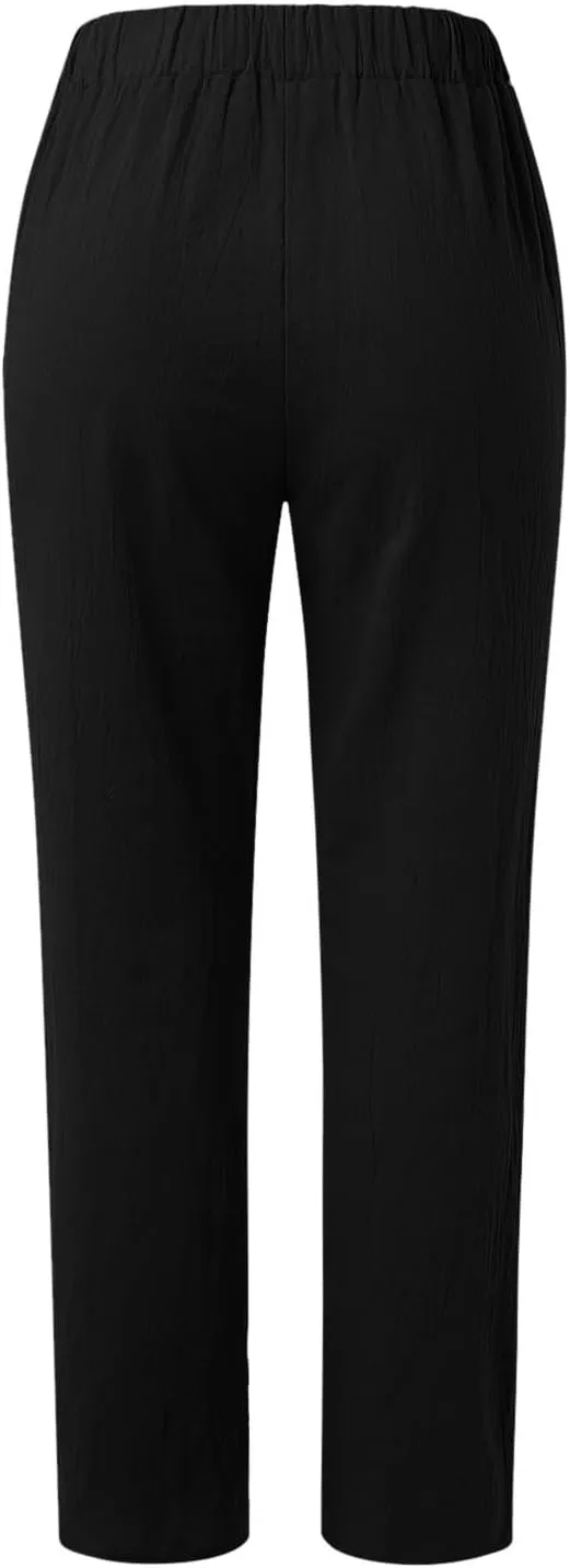 Linen Capri Pants for Women 2025 Elastic Waist Side Back Four Pockets 9/10 Pants Straight Leg Lounge Trousers with