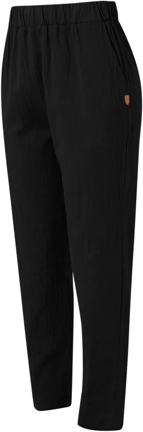 Linen Capri Pants for Women 2025 Elastic Waist Side Back Four Pockets 9/10 Pants Straight Leg Lounge Trousers with