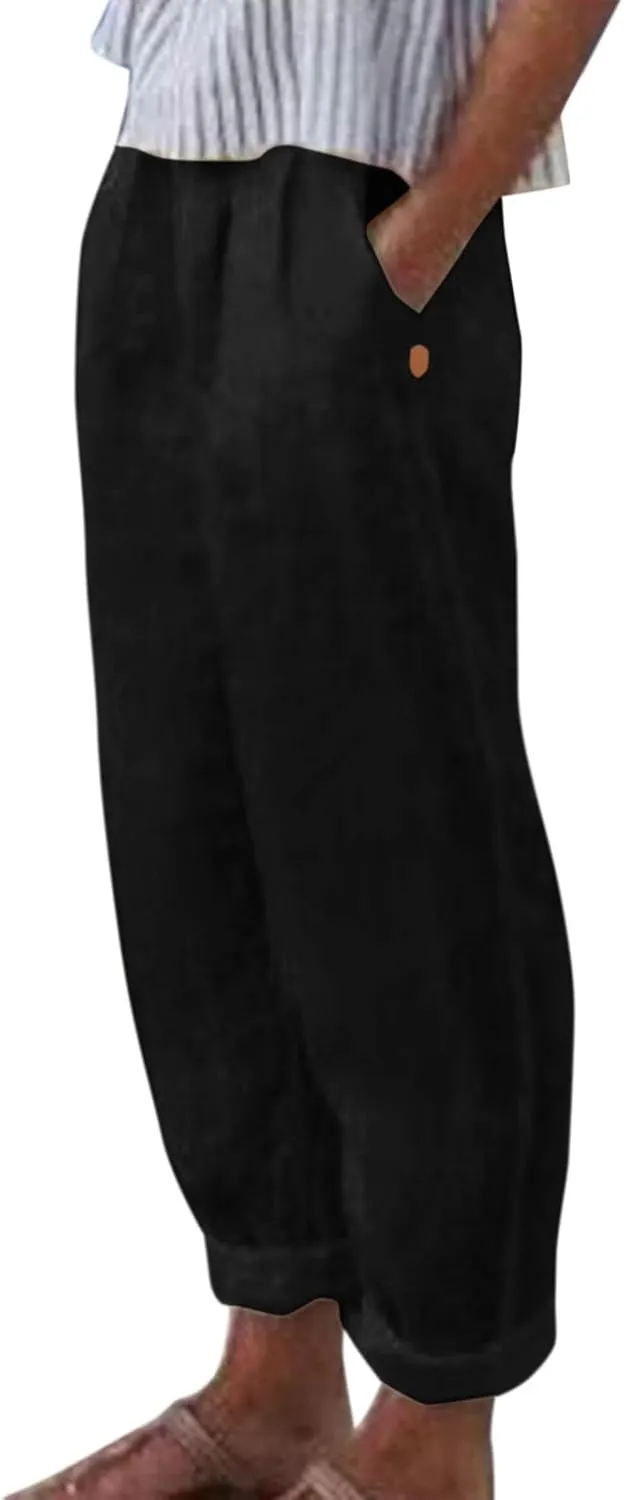 Linen Capri Pants for Women 2025 Elastic Waist Side Back Four Pockets 9/10 Pants Straight Leg Lounge Trousers with