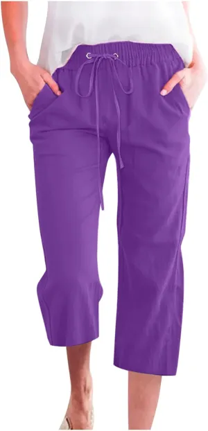 Linen Capris for Women Casual Summer Beach High Waisted Straight Pants Comfy Trendy Cropped Trousers with Pockets