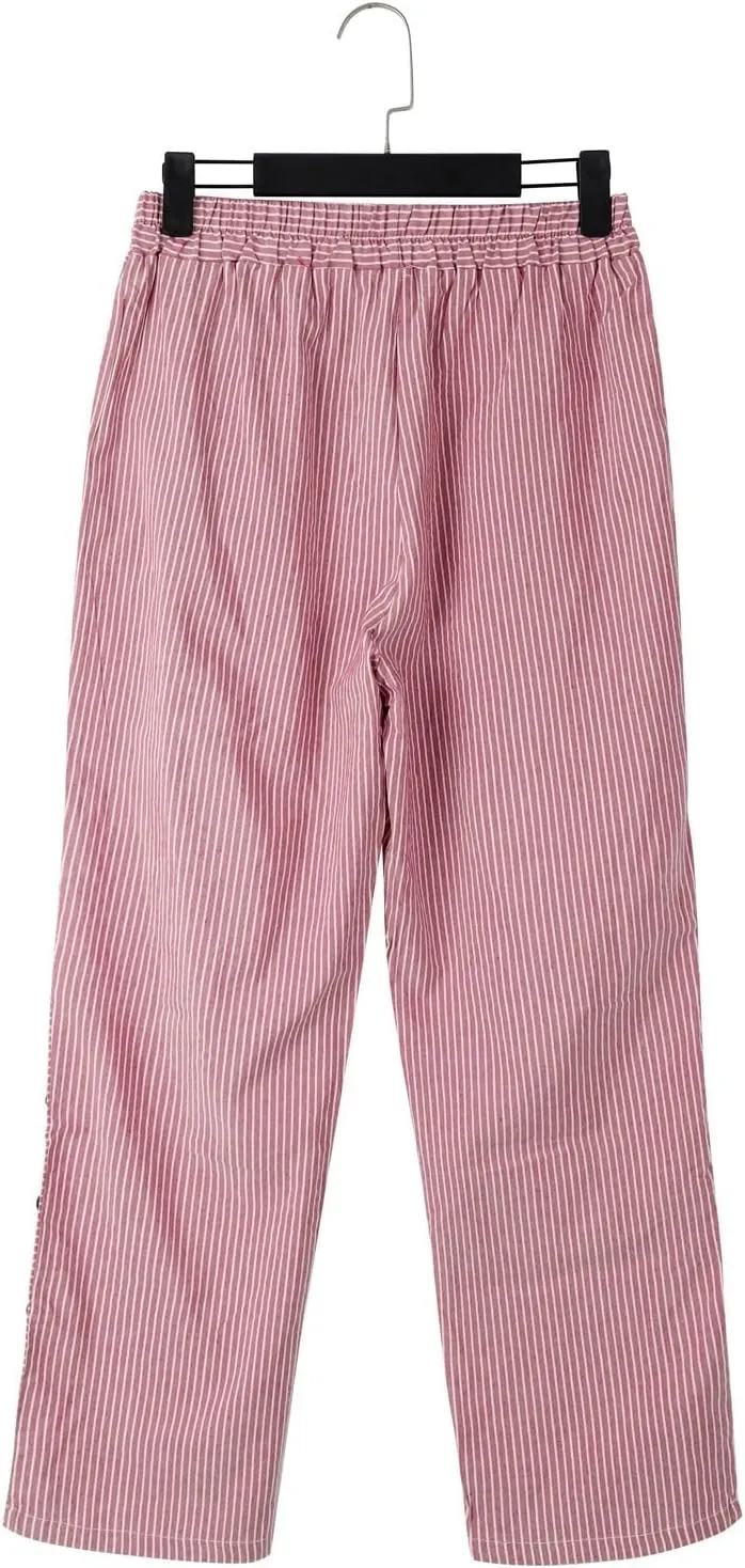 Linen Crop Pants for Women Elastic Waistband High Waistband Pocket Pants Side Nine Point Loose Casual