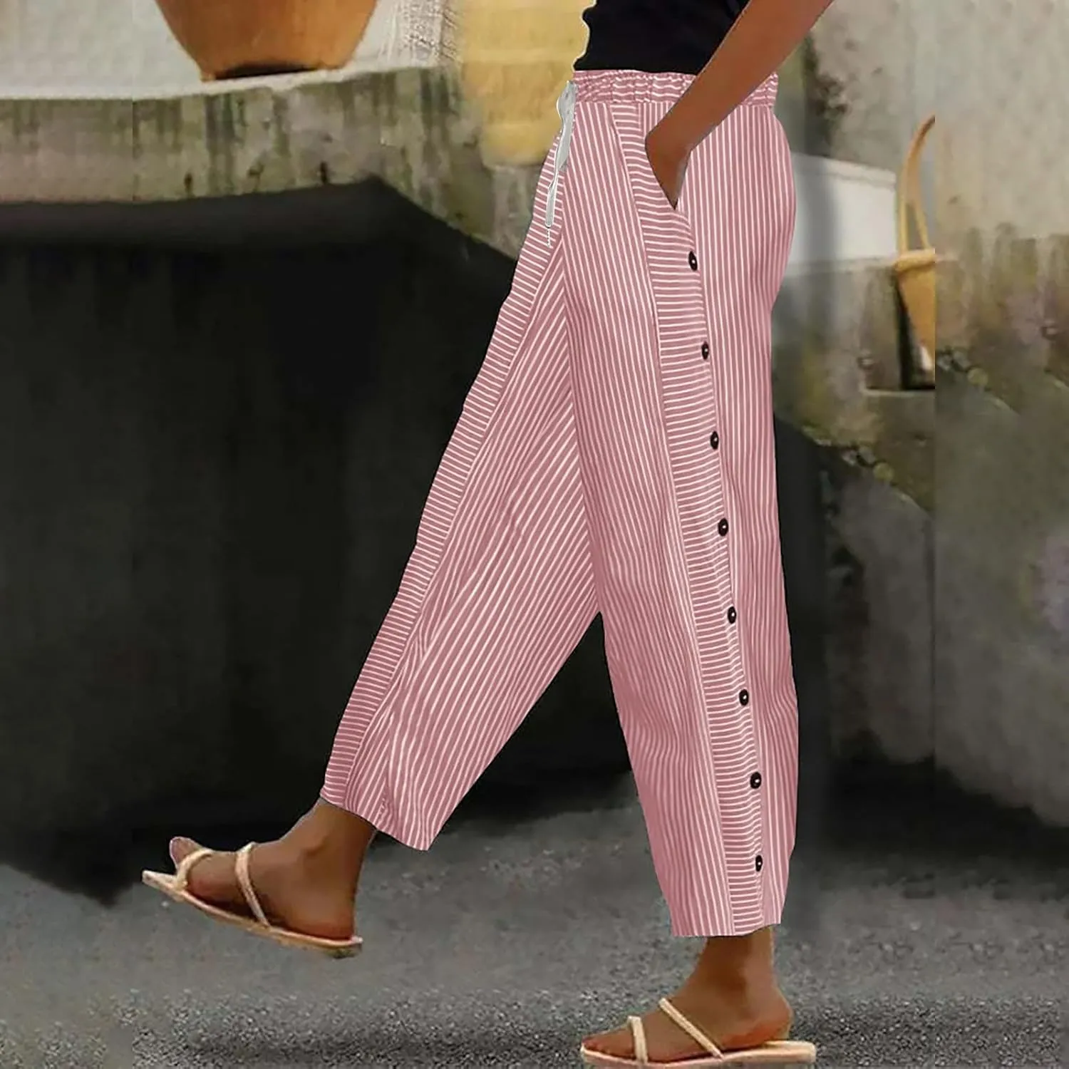 Linen Crop Pants for Women Elastic Waistband High Waistband Pocket Pants Side Nine Point Loose Casual