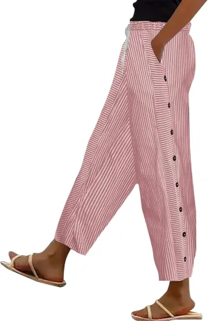 Linen Crop Pants for Women Elastic Waistband High Waistband Pocket Pants Side Nine Point Loose Casual