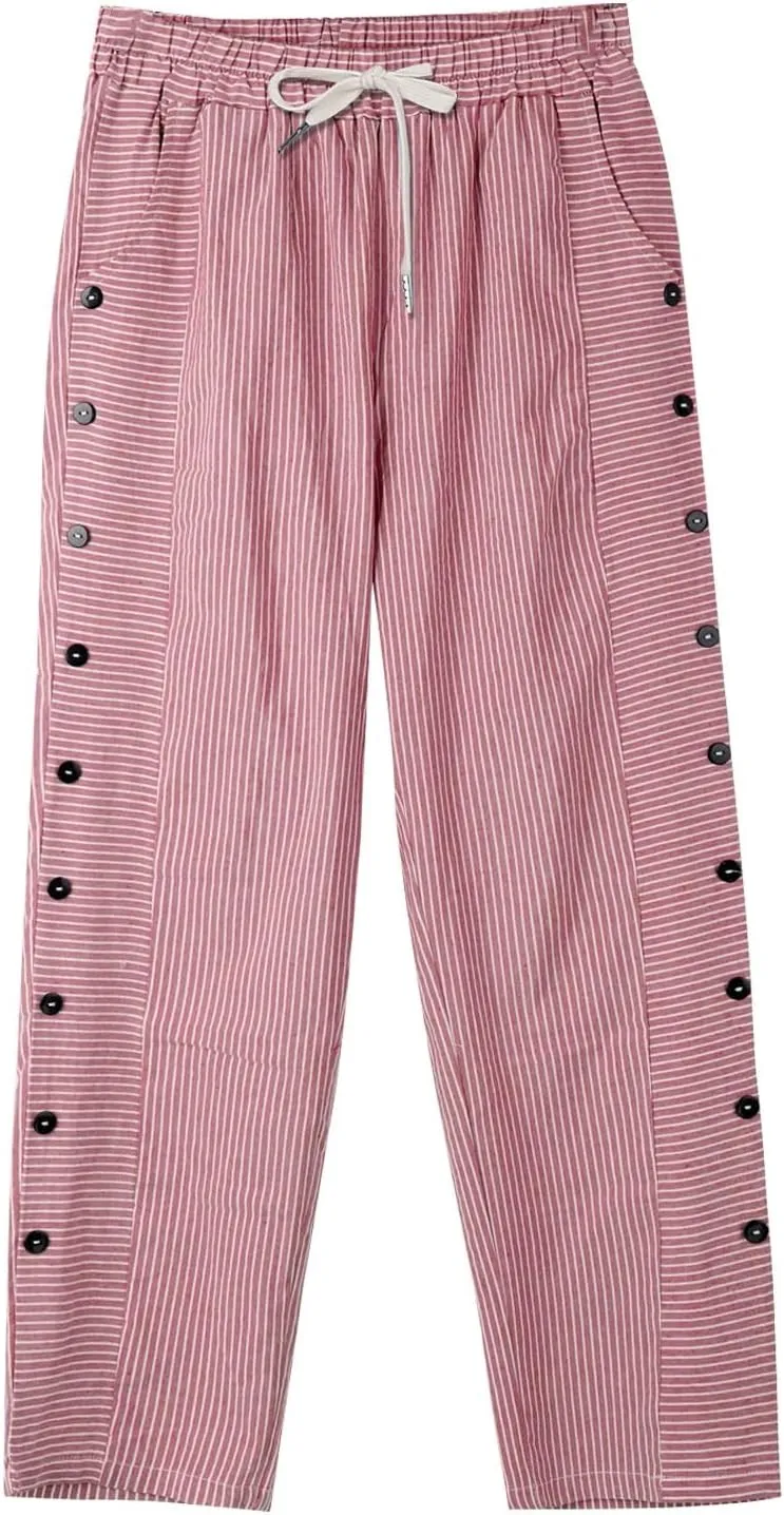 Linen Crop Pants for Women Elastic Waistband High Waistband Pocket Pants Side Nine Point Loose Casual