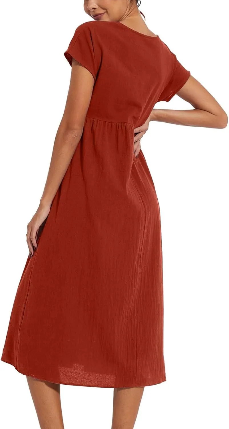 Linen Dresses for Women 2024 Casual Summer Vacation Midi Dress Comfy Loose Fit Smocked Short Sleeve Sun Dresses