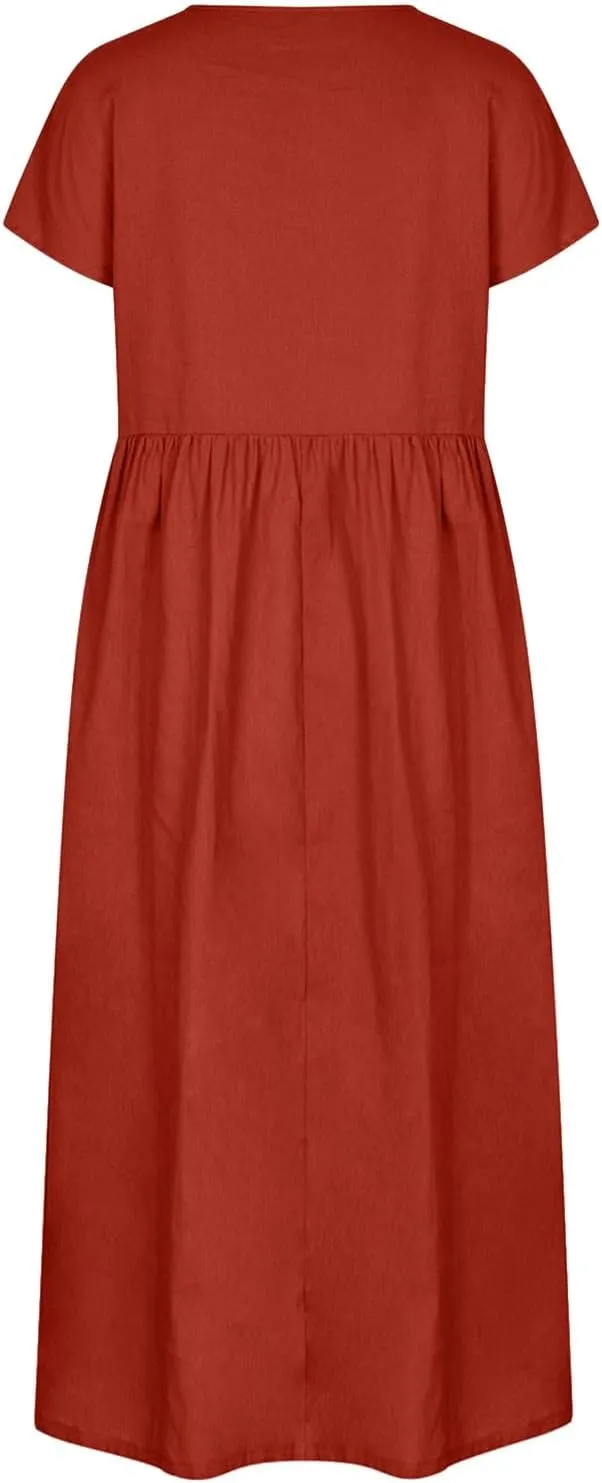 Linen Dresses for Women 2024 Casual Summer Vacation Midi Dress Comfy Loose Fit Smocked Short Sleeve Sun Dresses